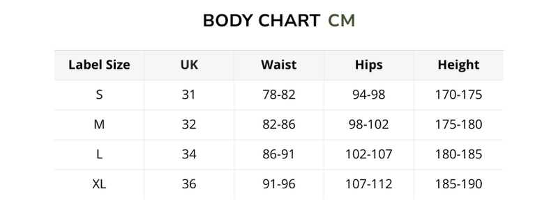 Size chart for Mystic Denim - Dark Mark