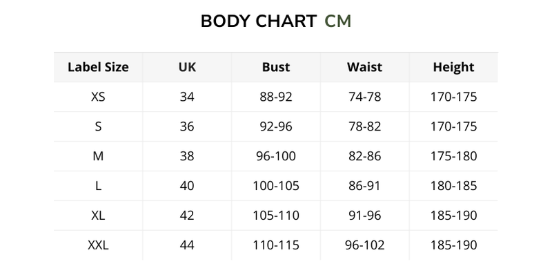 Size chart for Raw Wash - sleeveless T-shirt