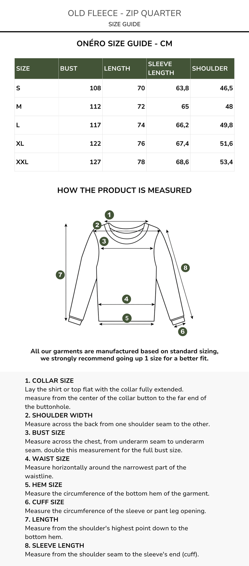 Size chart for OLD FLEECE ― QUARTER ZIP