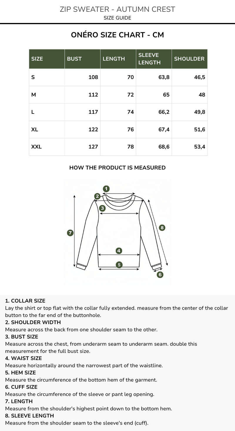 Size chart for ZIP SWEATER - AUTUMN CREST