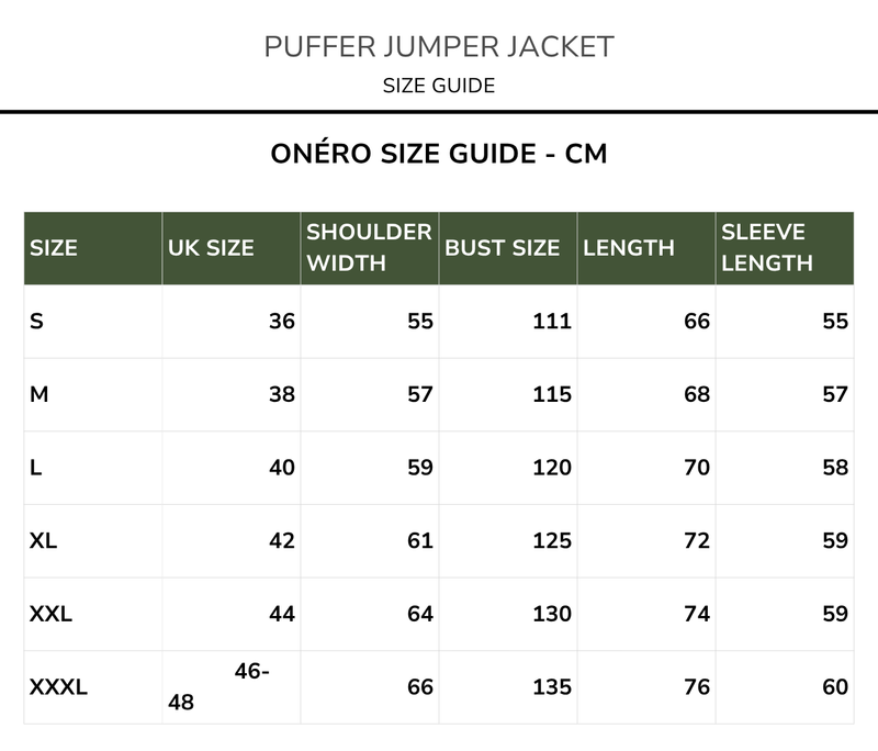 Size chart for Puffer Jumper Jacket -