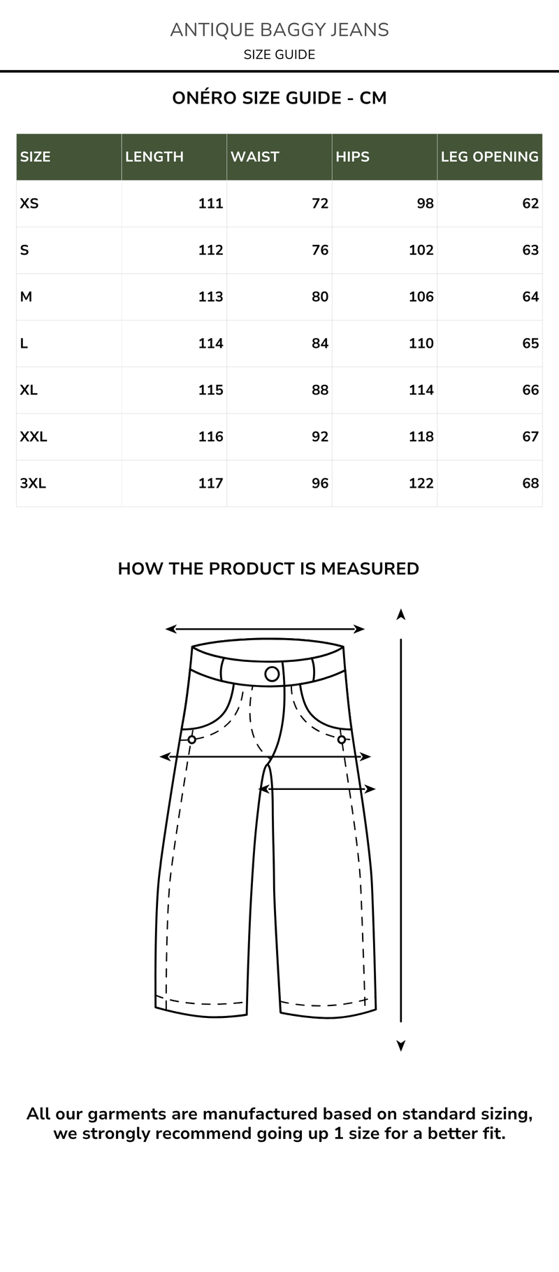 Size chart for Antique Baggy Jeans