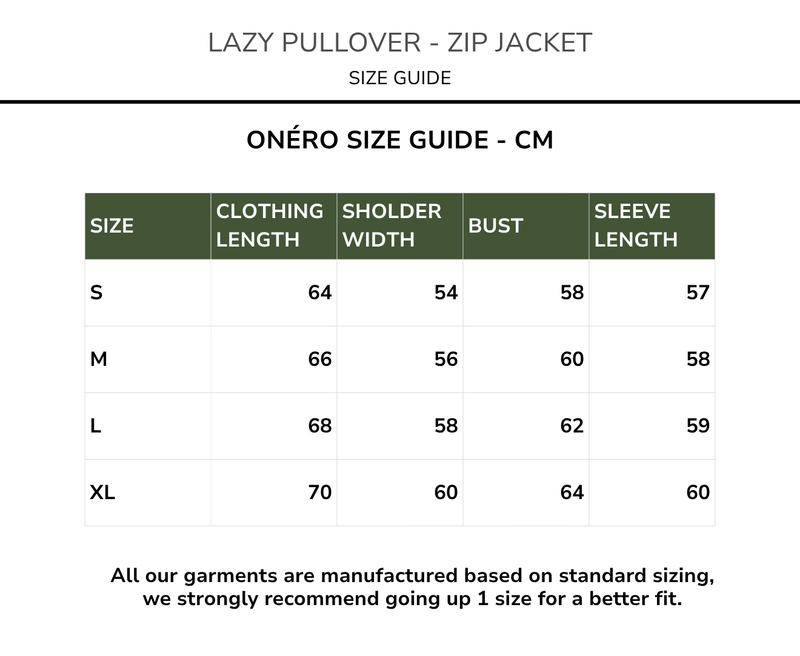 Size chart for Lazy Pullover - Zip Jacket