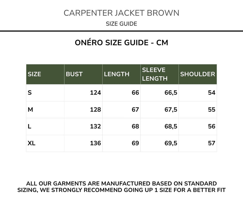 Size chart for Carpenter Jacket Brown