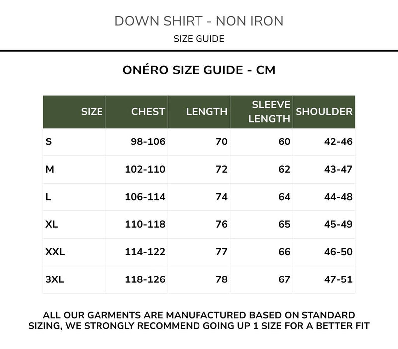Size chart for Down Shirt - Non iron