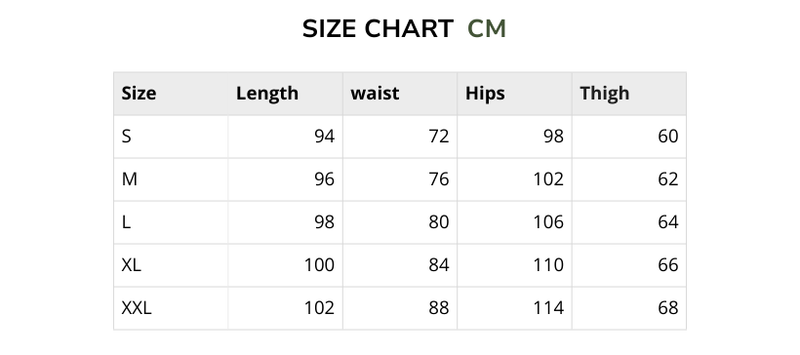 Size chart for Training bottoms (Loose Fit)