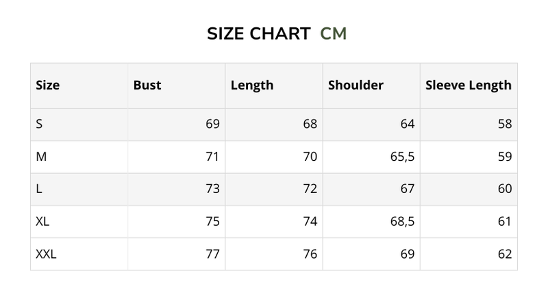 Size chart for Vetor – Half Zip