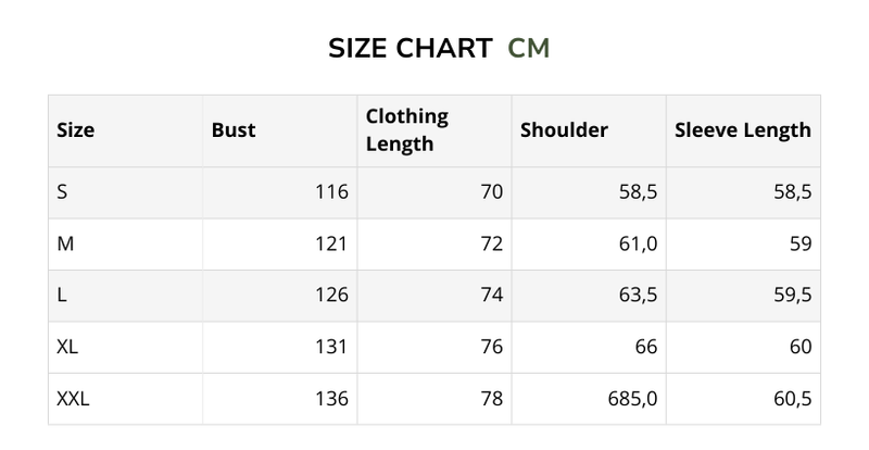 Size chart for Basic Quarter Zip Up -
