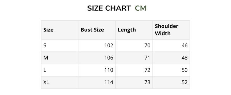 Size chart for Siena – Refined Texture Shirt