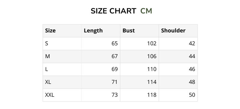Size chart for Basics Hoodies - Regular