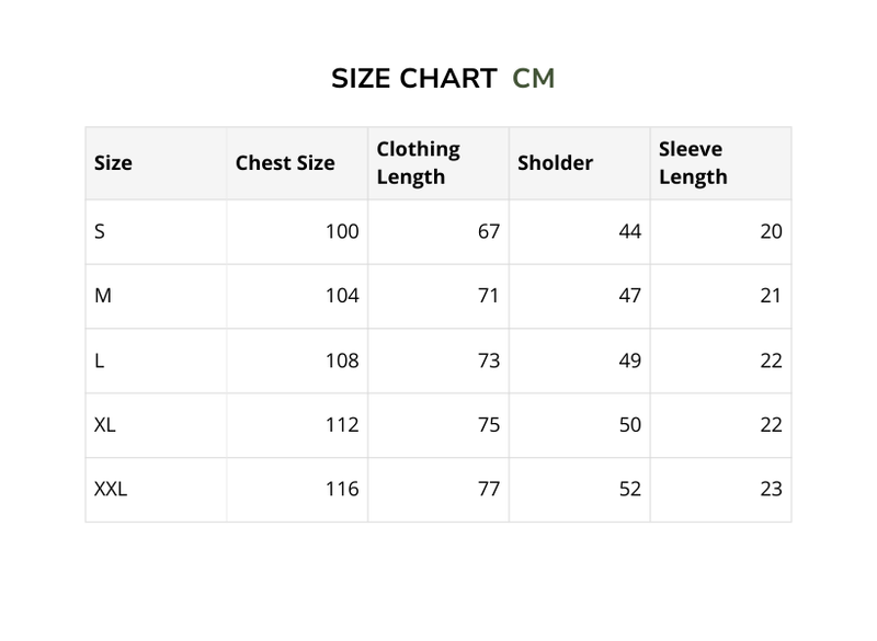 Size chart for Basic T-Shirt - ONÉRO