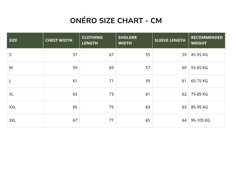 Size chart for Classic Line Zipper Hoodie