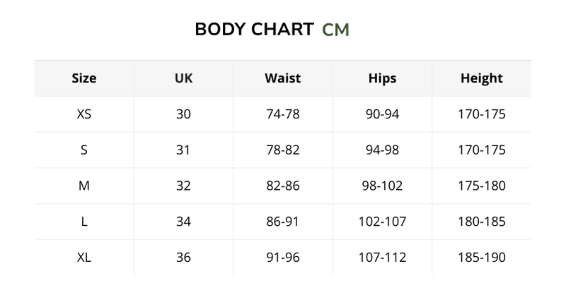 Size chart for NOMAD LOOSE TWILL – SANDSTONE