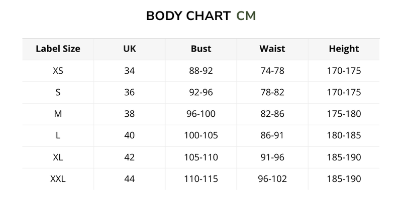 Size chart for Flow Tee – Olive Mist